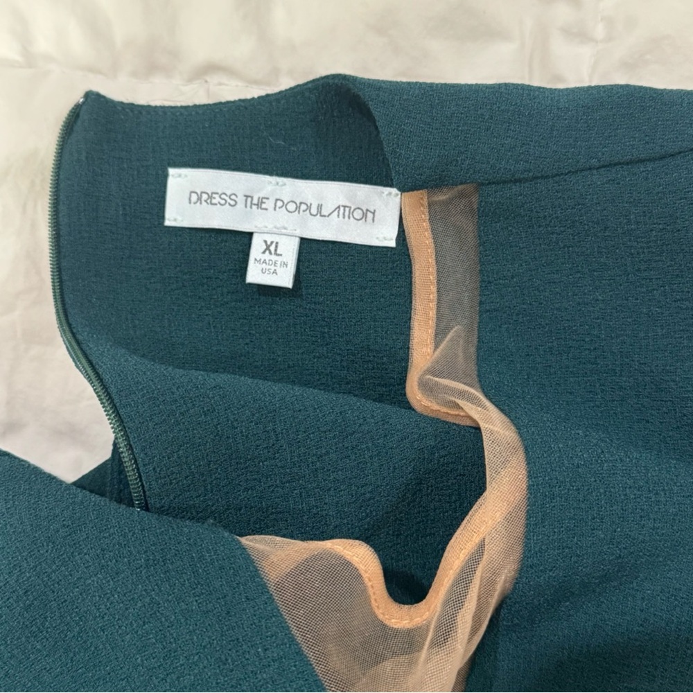 DRESS THE POPULATION KELLI PLUNGING CREPE SHEATH DRESS PUFF LONG SLEEVES GREEN‎ - Picture 7 of 8